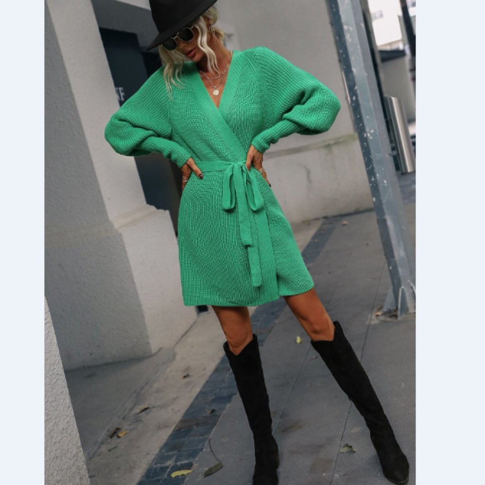 Rib-Knit Lantern Sleeve Belted Sweater Dress - Picture 14 of 16